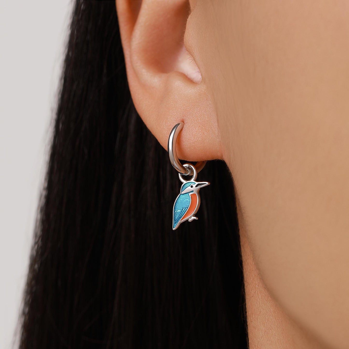 Sterling Silver Enamel Kingfisher Detachable Huggie Hoop Earrings