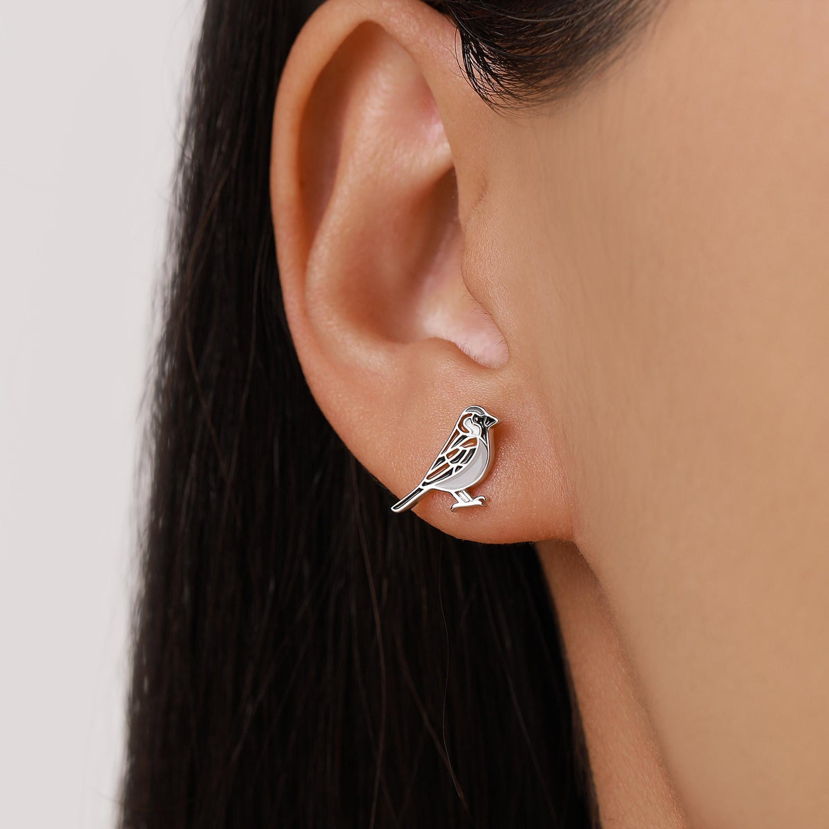 Sterling Silver Enamel Sparrow Stud Earrings