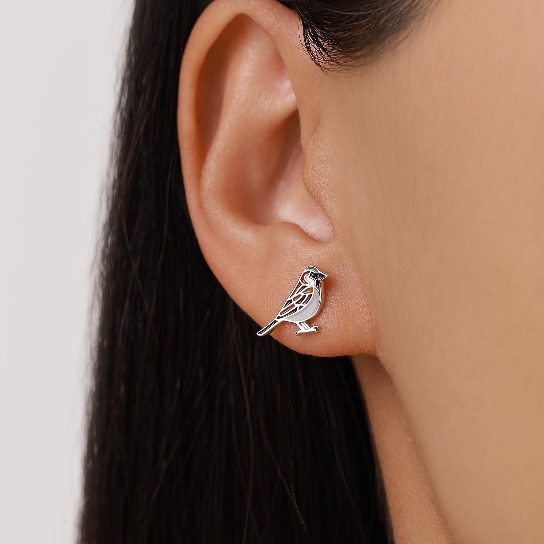 Sterling Silver Enamel Sparrow Stud Earrings