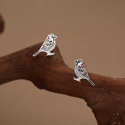 Sterling Silver Enamel Sparrow Stud Earrings