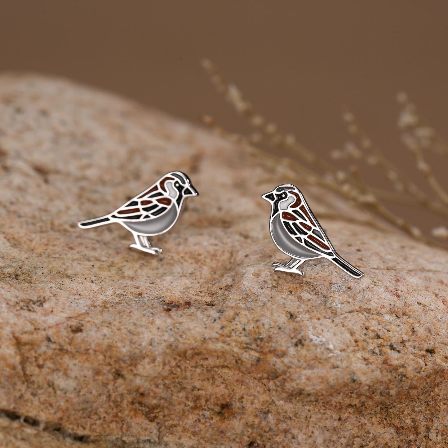 Sterling Silver Enamel Sparrow Stud Earrings