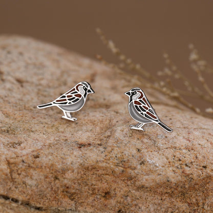 Sterling Silver Enamel Sparrow Stud Earrings