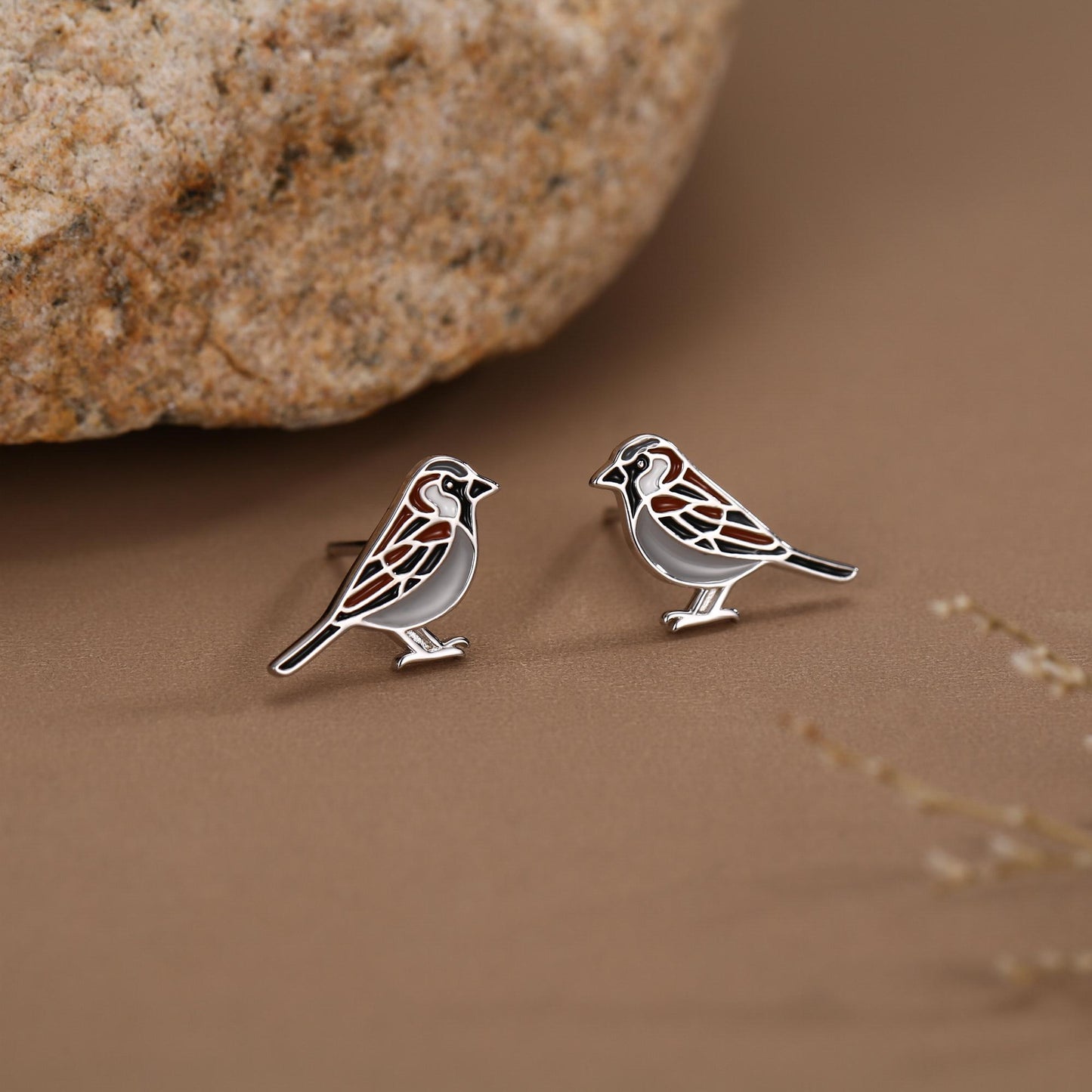 Sterling Silver Enamel Sparrow Stud Earrings