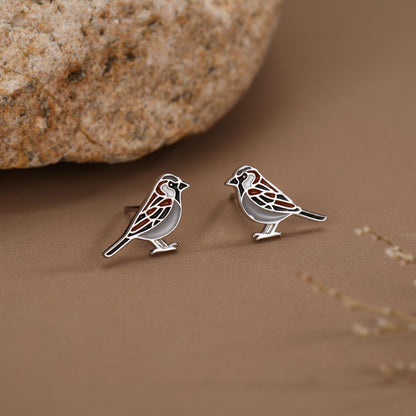 Sterling Silver Enamel Sparrow Stud Earrings