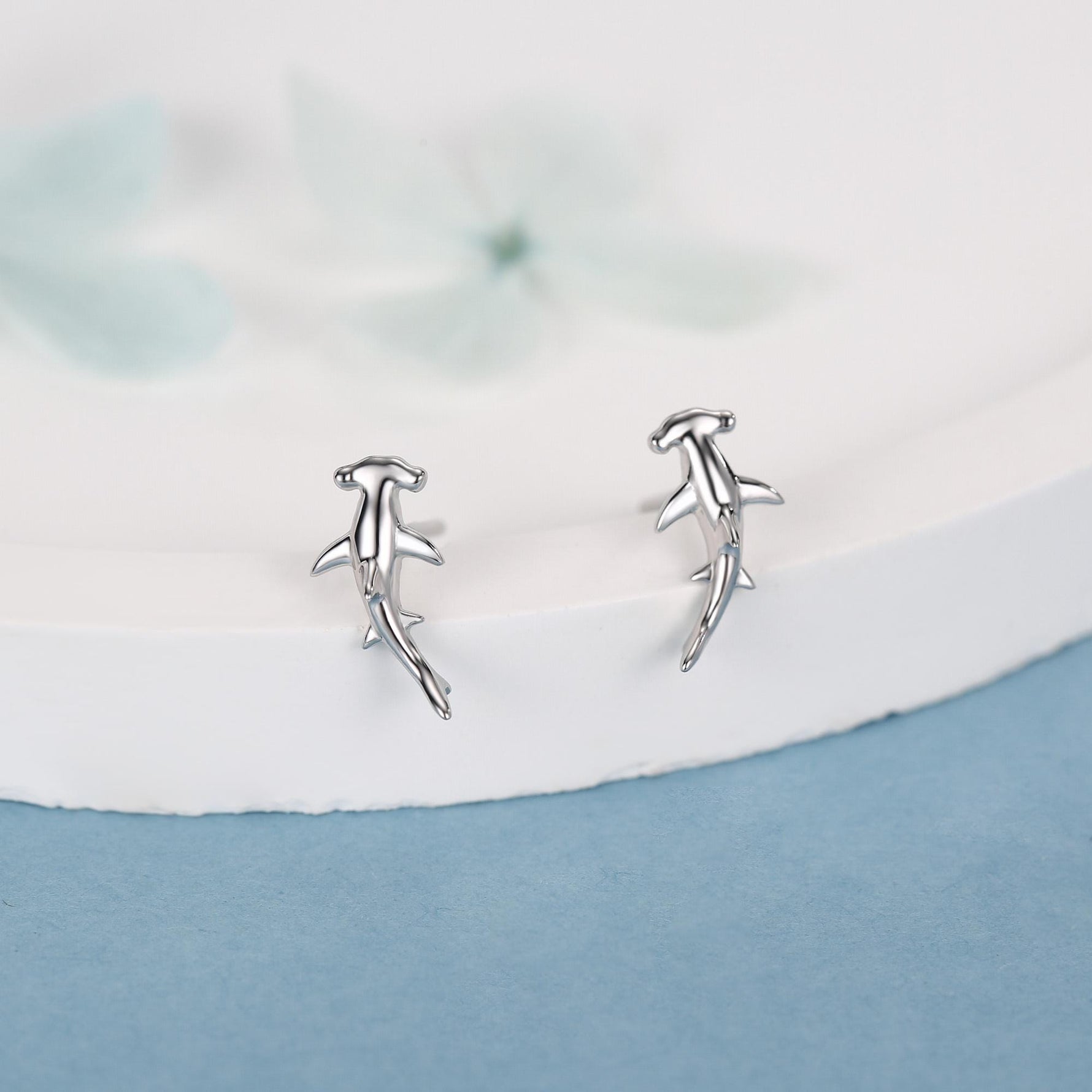 Sterling Silver Hammerhead Shark 16G Flat Back Earrings