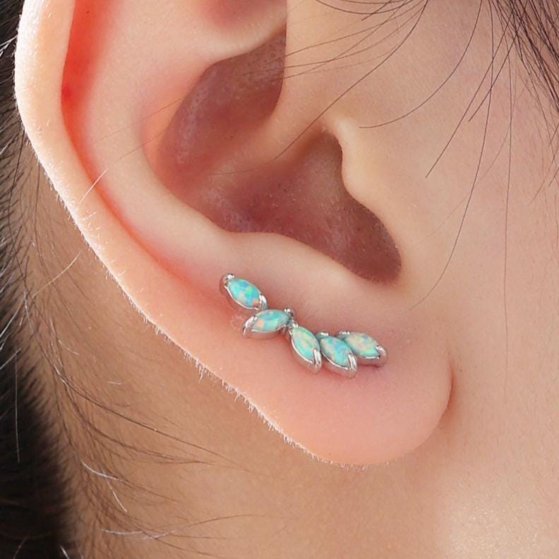 Aqua Green Opal Marquise Cluster Crawler Earrings in Sterling Silver, Marquise Cluster Ear Climbers, Silver or Gold , Lab Opal Earrings