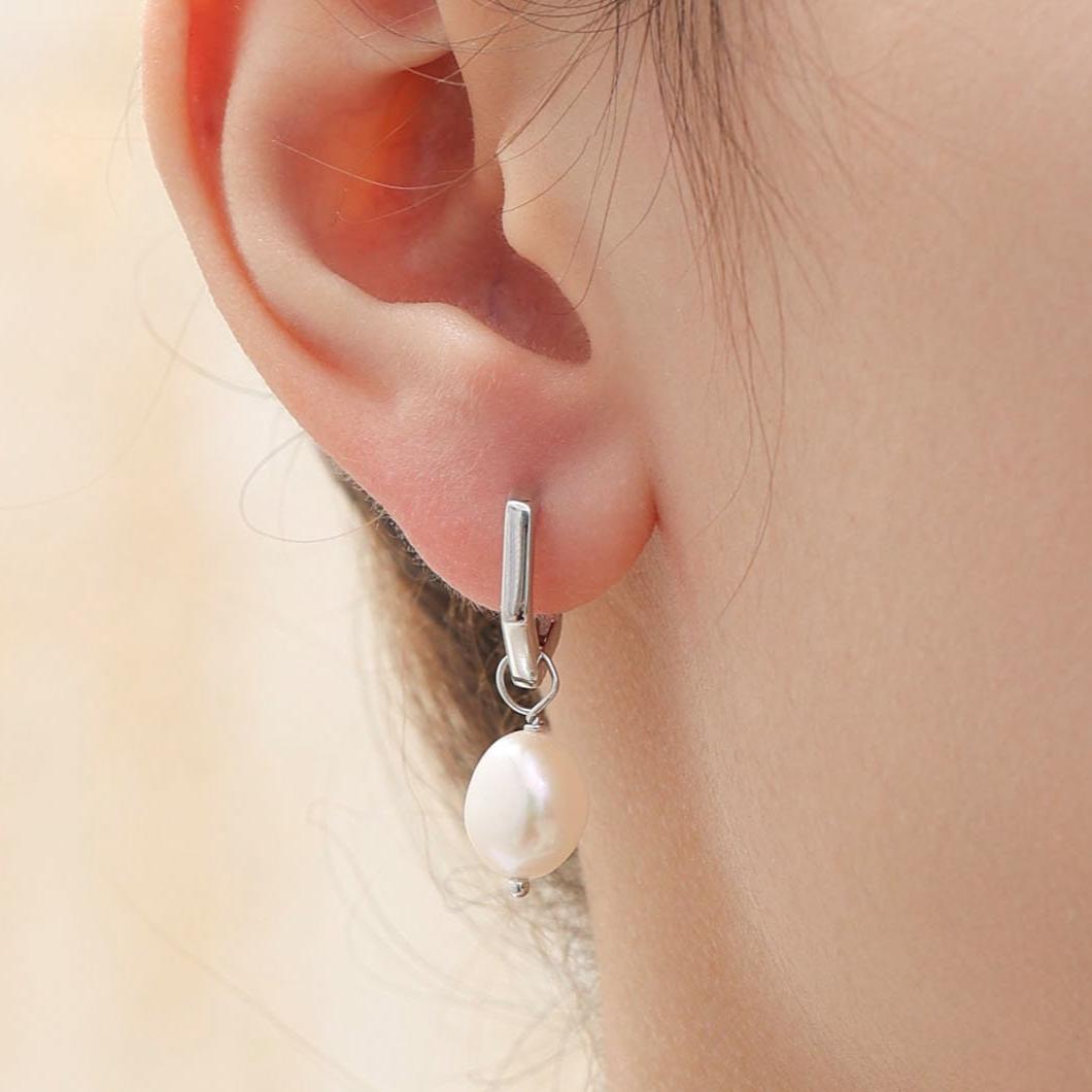 Hexagon Hoops with Dangling Baroque Pearl Drop Earrings in Sterling Silver, Silver or Gold or Rose Gold, Keshi Pearl Earrings, Pearl Hoops