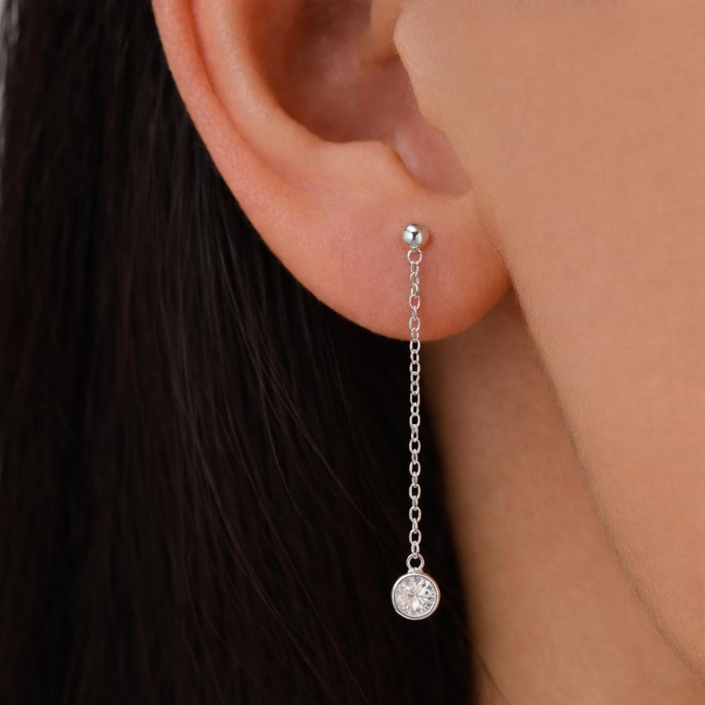 Clear CZ with Chain Dangle Stud Earrings in Sterling Silver, Silver or Gold or Rose Gold, CZ Drop Earrings