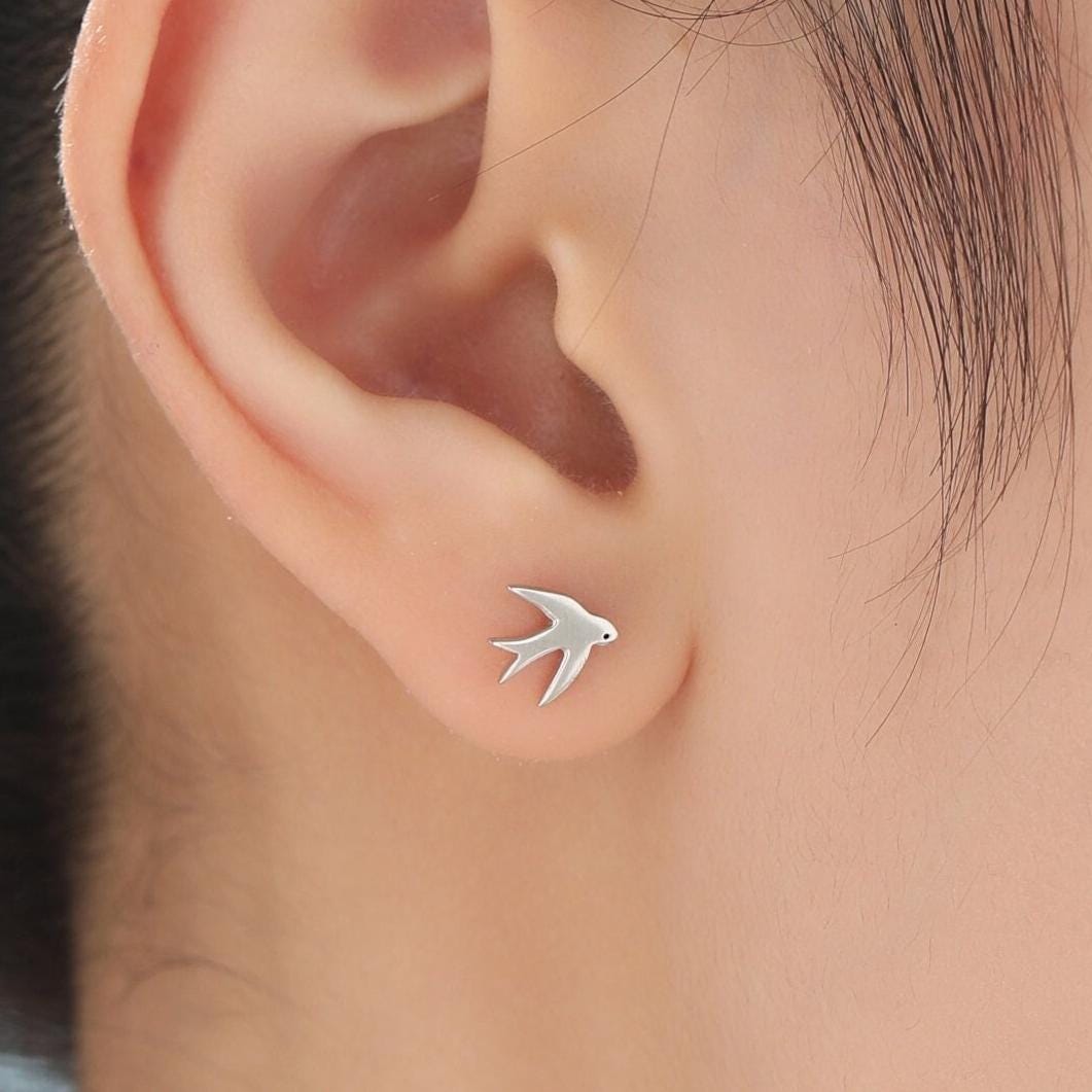 Swallow Bird Stud Earrings in Sterling Silver Flying Bird Earrings, Silver or Gold or Rose Gold, Nature Inspired Animal Earrings