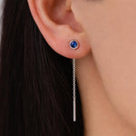 Sapphire Blue Bezel CZ Crystal Threader Earrings in Sterling Silver, Silver or Gold, Minimalist Crystal Ear Threaders, Threader Ear Jackets