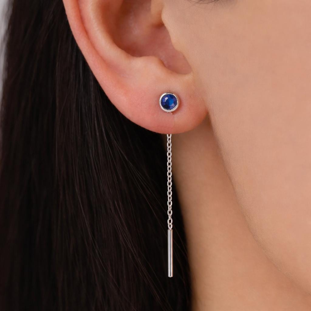 Sapphire Blue Bezel CZ Crystal Threader Earrings in Sterling Silver, Silver or Gold, Minimalist Crystal Ear Threaders, Threader Ear Jackets