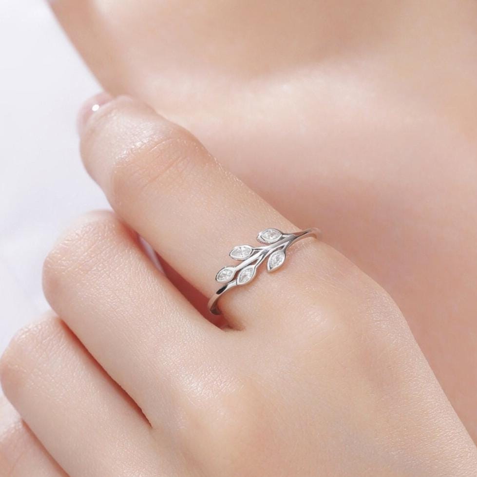 Sterling Silver CZ Leaf Ring, Adjustable Size, Small Olive Leaf Ring, Nature Inspired Leaf Ring, Clear Leaf Ring