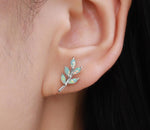 Small Green Opal Leaf Stud Earrings in Sterling Silver, Silver or Gold, Olive Leaf Earrings with Lab Opal, Opal Leaf Earrings