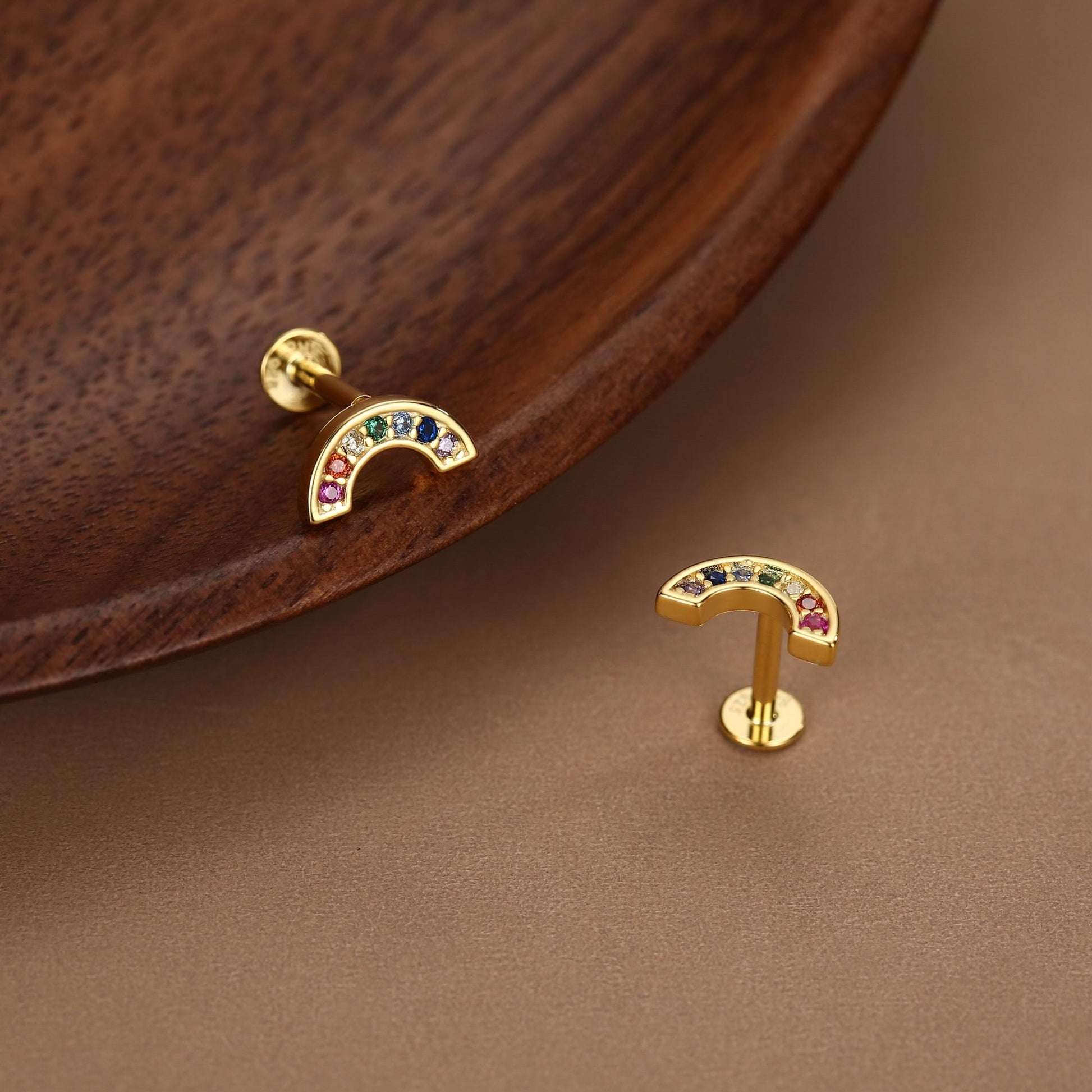 Sterling Silver Rainbow CZ 16G Flat Back Labret Earrings