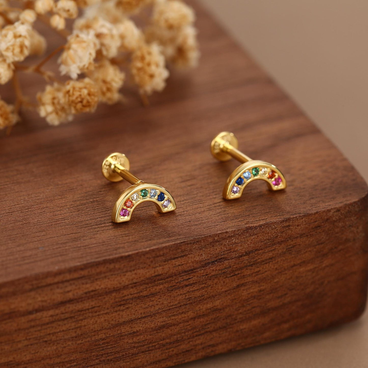 Sterling Silver Rainbow CZ 16G Flat Back Labret Earrings