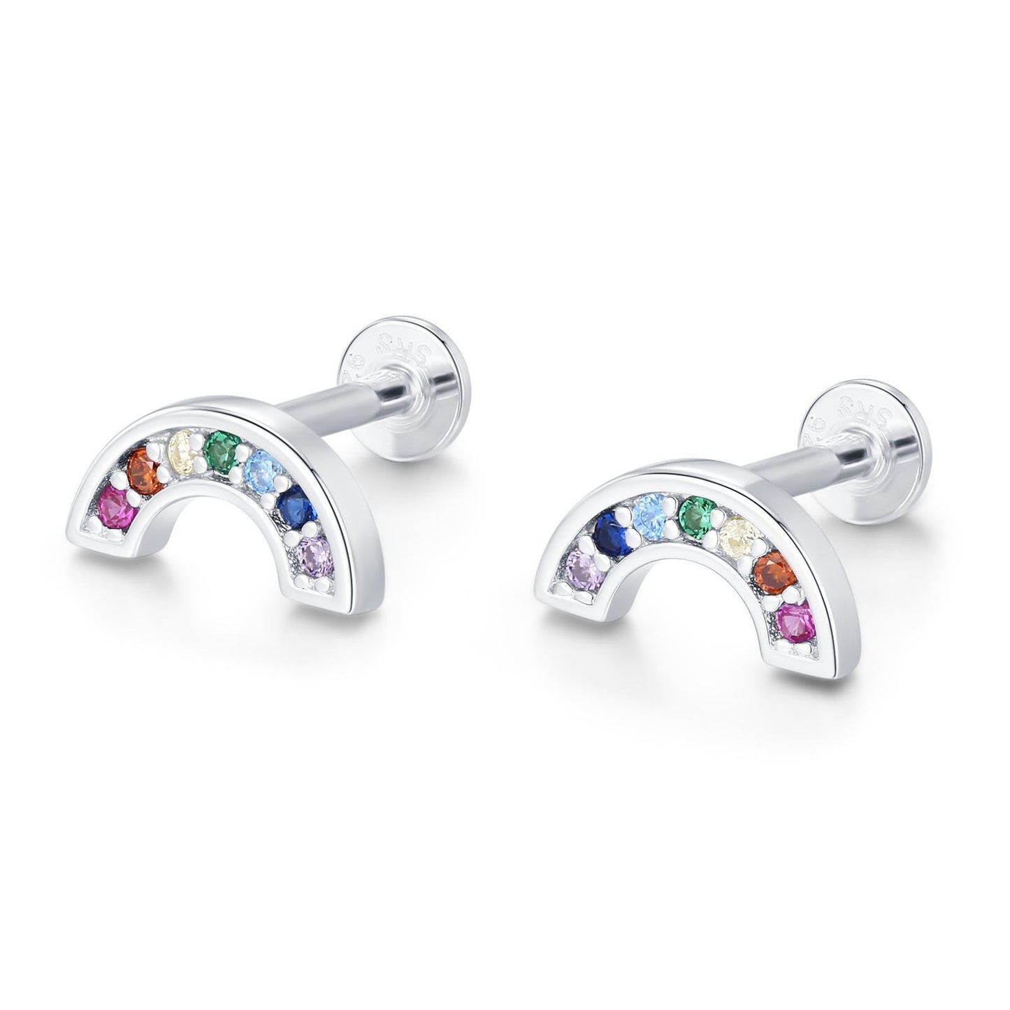 Sterling Silver Rainbow CZ 16G Flat Back Labret Earrings