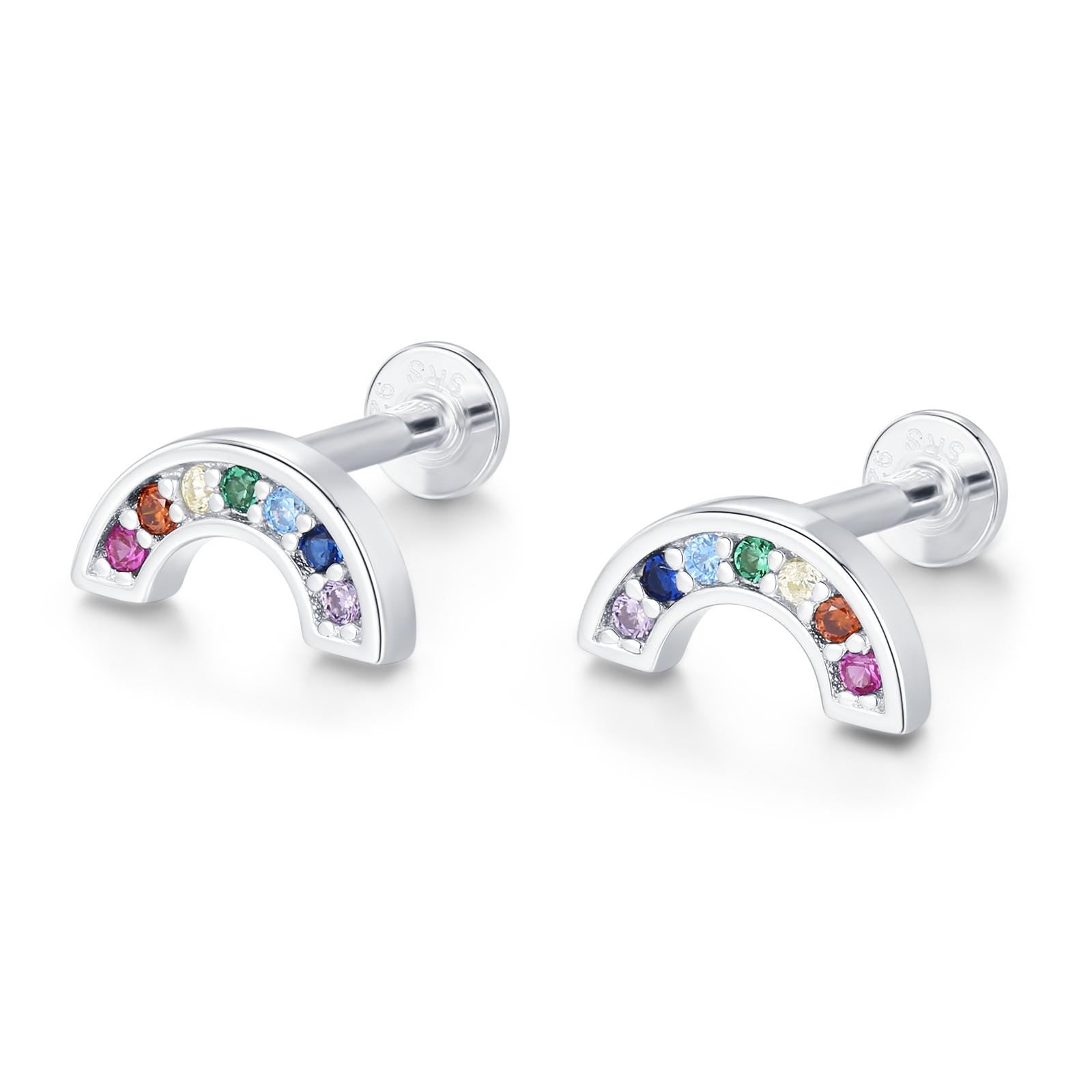 Sterling Silver Rainbow CZ 16G Flat Back Labret Earrings