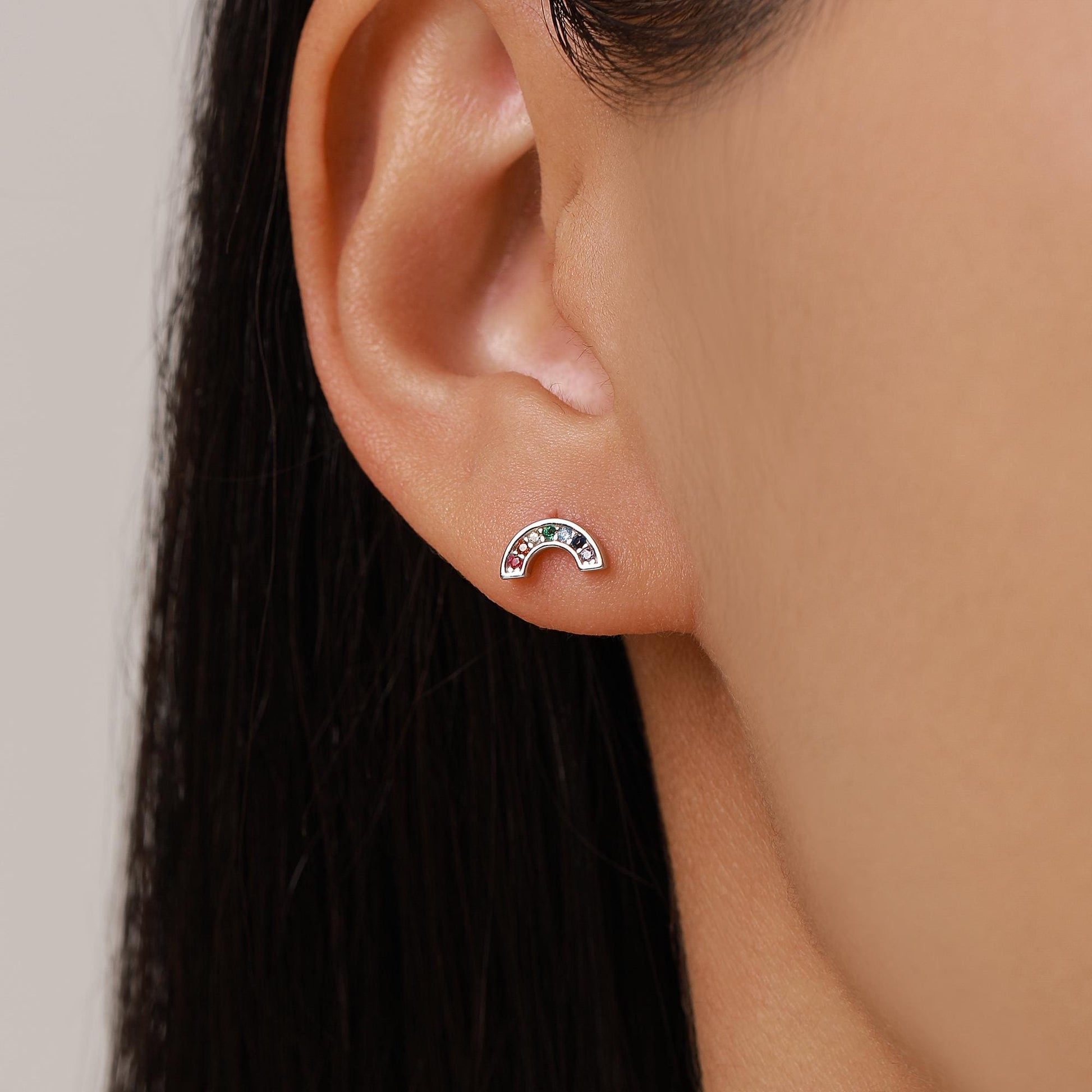 Sterling Silver Rainbow CZ 16G Flat Back Labret Earrings