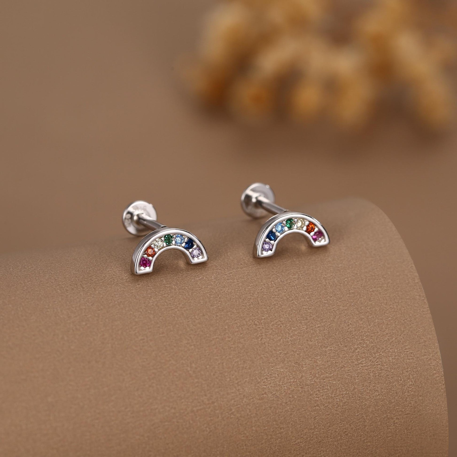Sterling Silver Rainbow CZ 16G Flat Back Labret Earrings