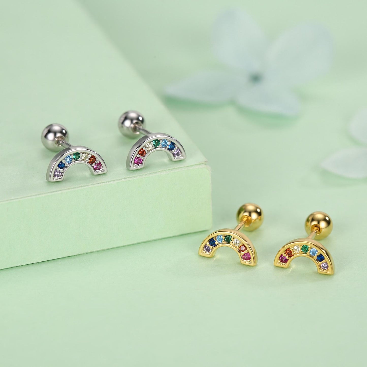 Sterling Silver Rainbow CZ 18G Screw Back Stud Earrings
