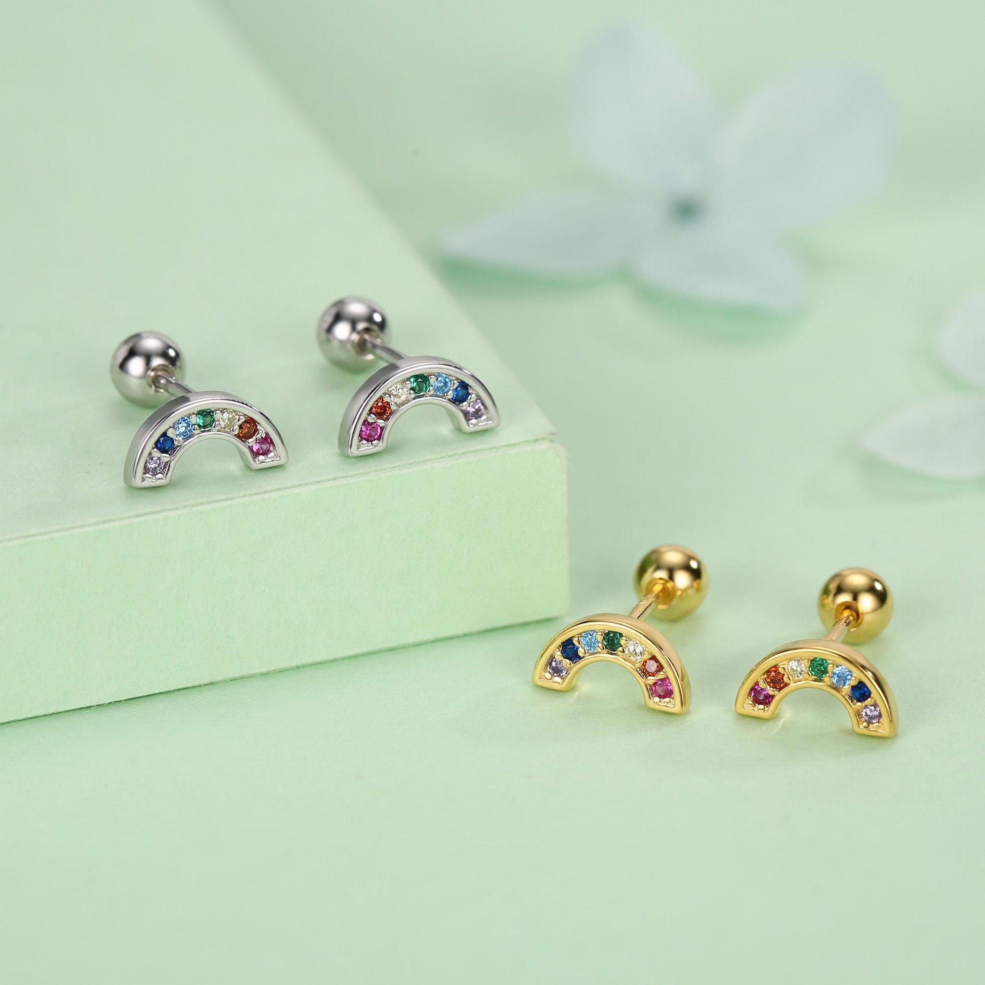 Sterling Silver Rainbow CZ 18G Screw Back Stud Earrings