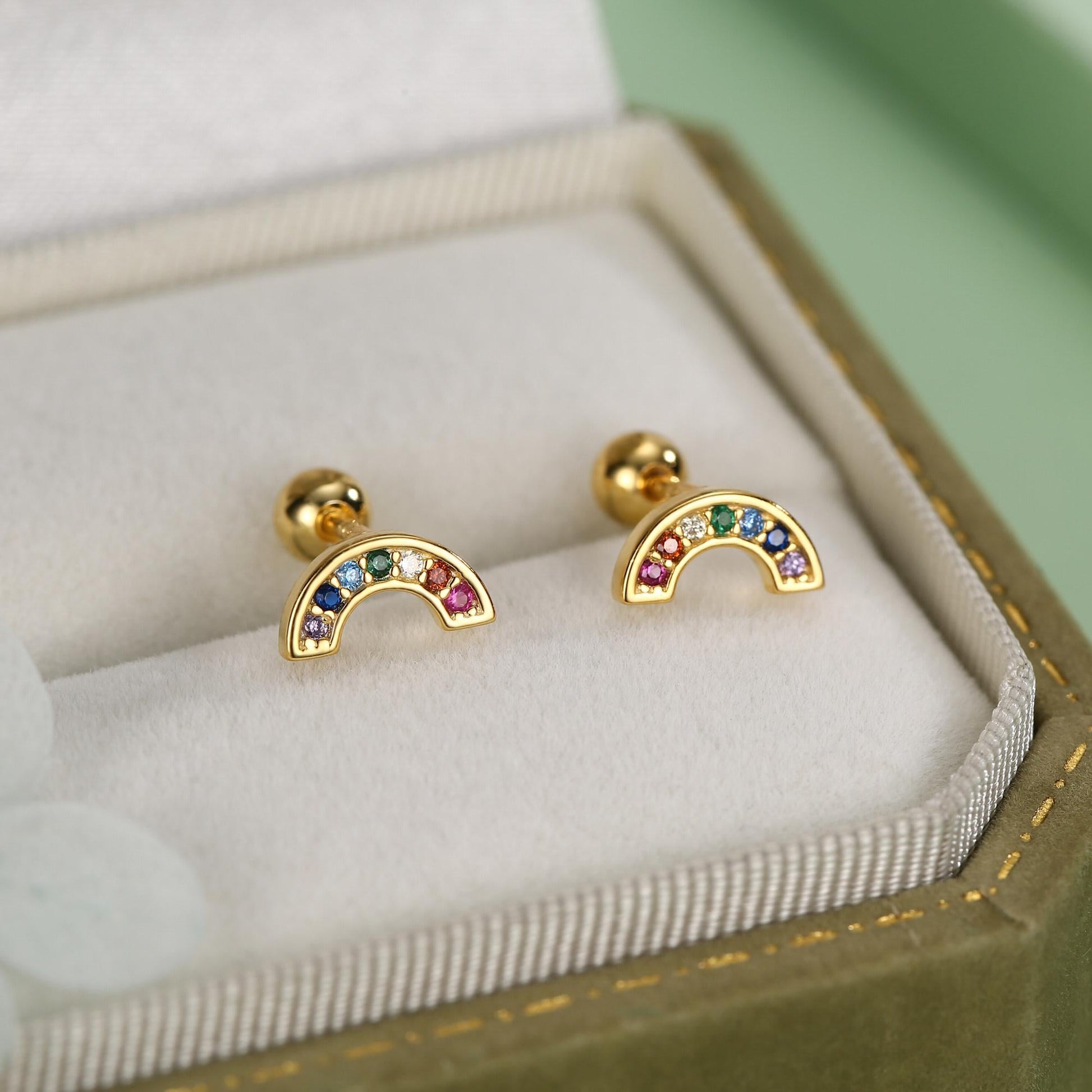 Sterling Silver Rainbow CZ 18G Screw Back Stud Earrings