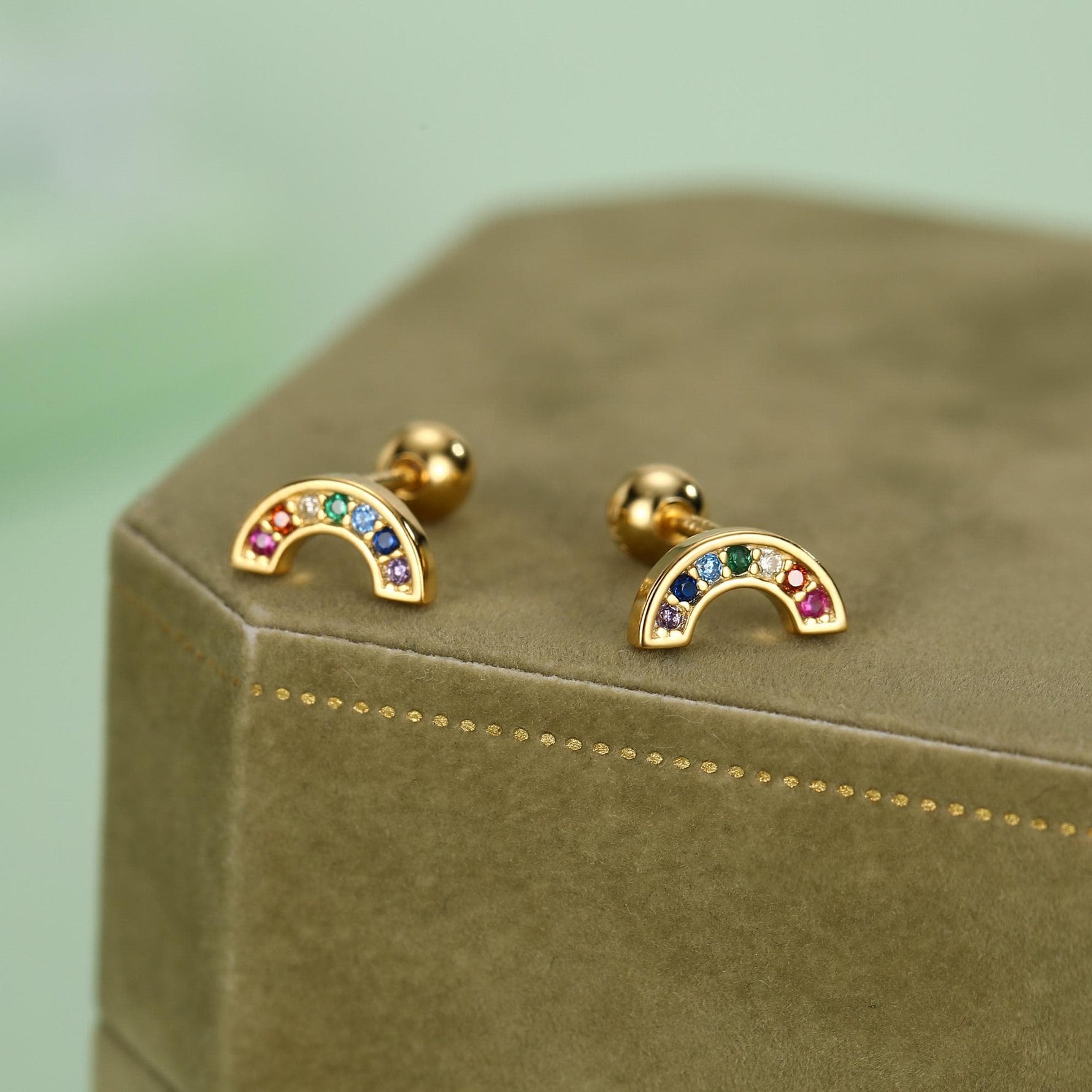 Sterling Silver Rainbow CZ 18G Screw Back Stud Earrings
