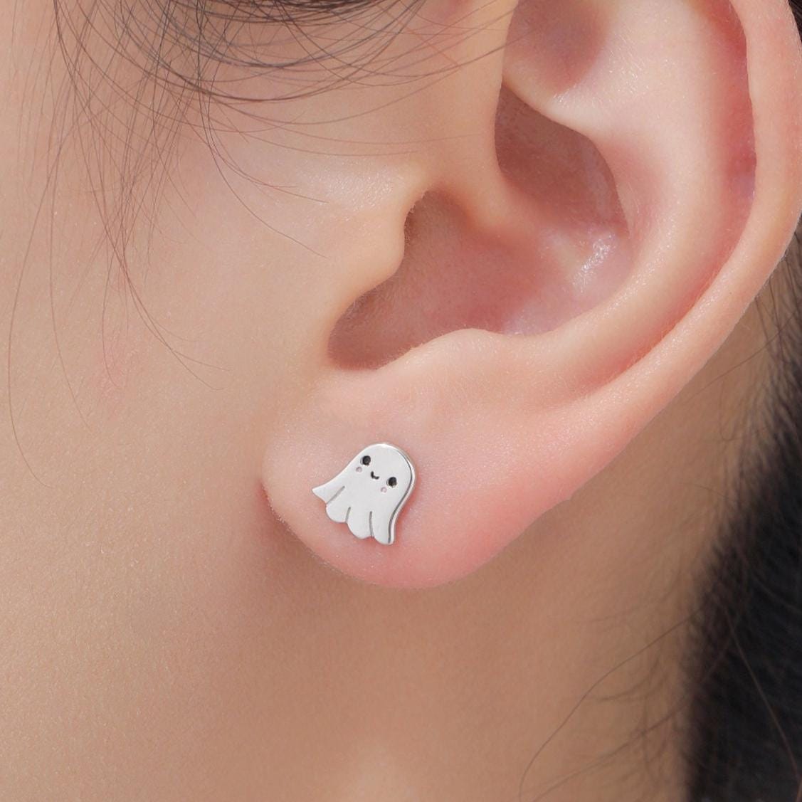 Super Cute Little Ghost Stud Earrings in Sterling Silver, Silver, Gold or Rose Gold, Tiny Ghost Earrings