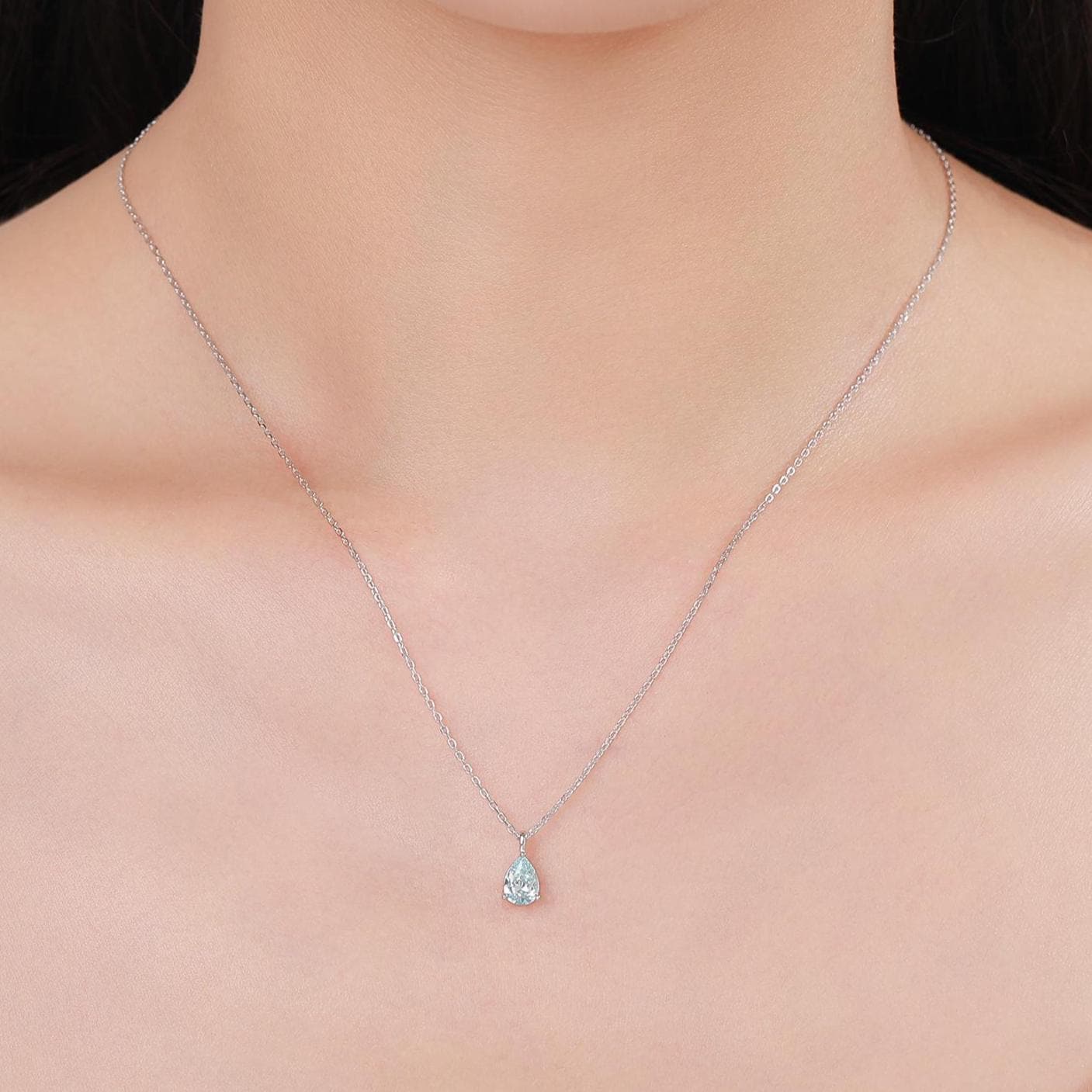 Aquamarine Blue Pear Cut CZ Pendant Necklace in Sterling Silver, 5 x 7mm, Sky Blue Crystal Droplet necklace, Diamond CZ