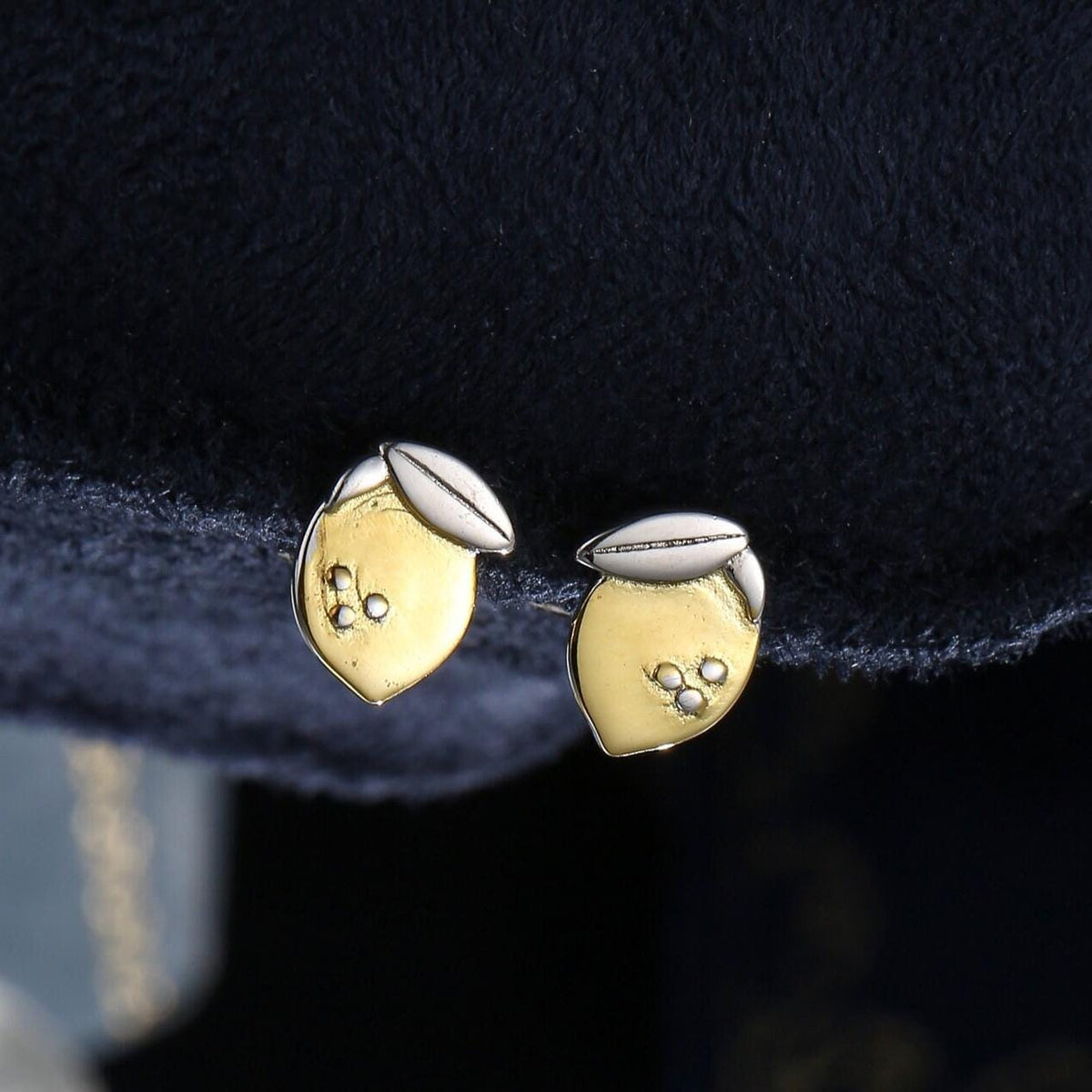 Lemon Stud Earrings in Sterling Silver, Silver and 14ct Yellow Gold Two Tone Earrings, Fruit Earrings, Summer Earrings