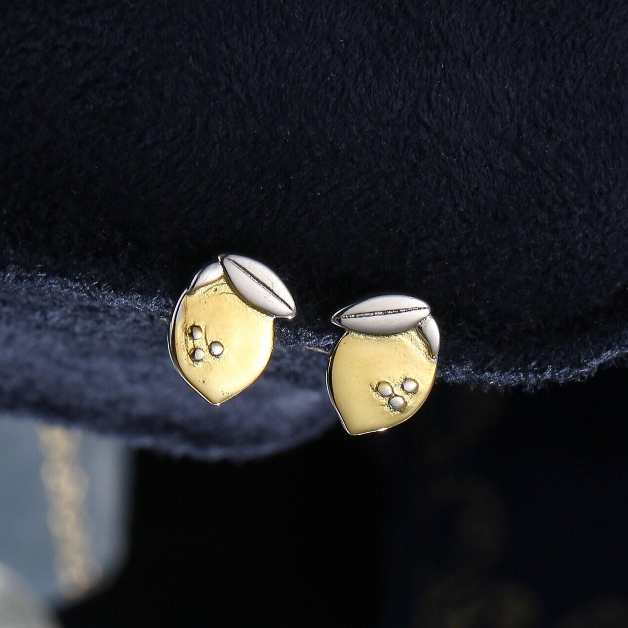 Lemon Stud Earrings in Sterling Silver, Silver and 14ct Yellow Gold Two Tone Earrings, Fruit Earrings, Summer Earrings