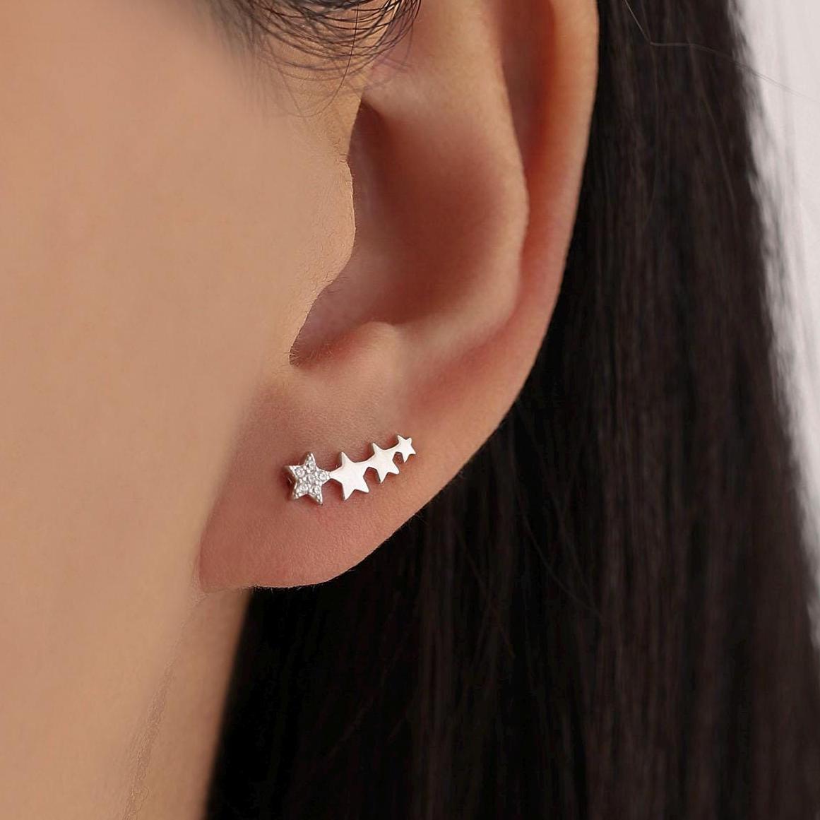 CZ Star Crawler Earrings in Sterling Silver, Silver or Gold, Four Star Earrings, Ear Climbers, Celestial Earrings