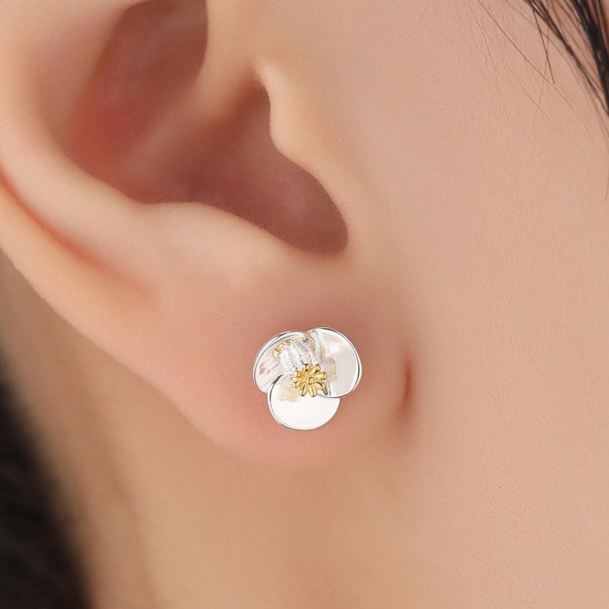 Poppy Flower Stud Earrings in Sterling Silver- Gold and Silver Two Tone - Flower Earrings - Blossom Earrings, Fun, Whimsical and Pretty