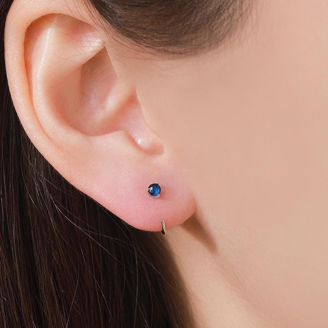 Sapphire Blue CZ Crystal Huggie Hoop Threader Earrings in Sterling Silver, 3mm Three Prong, Gold or Silver, Pull Through Open Hoops