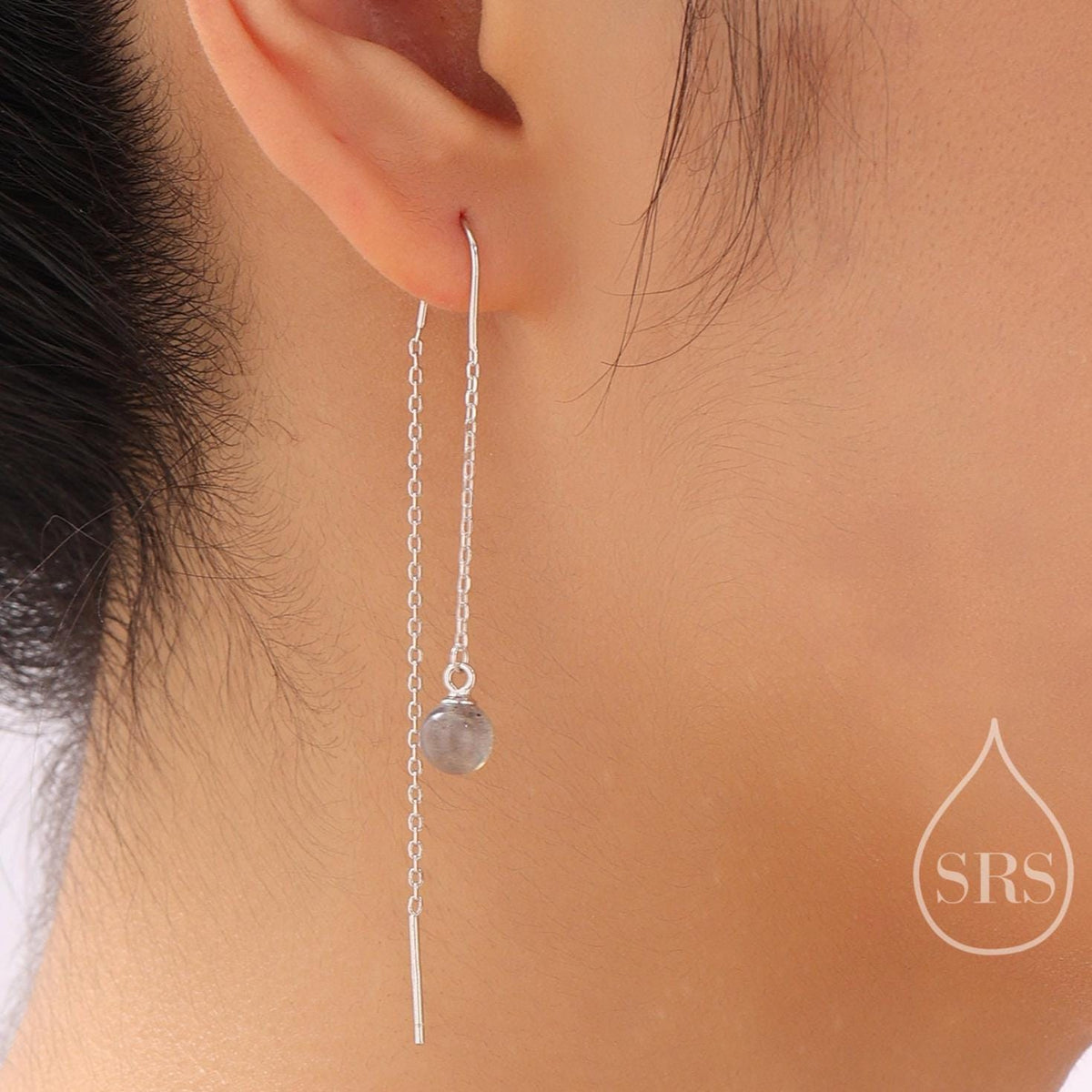 Genuine Labradorite U Shape Threader Earrings in Sterling Silver, Silver, Gold or Rose Gold, 6mm Labradorite Ball Ear Threaders