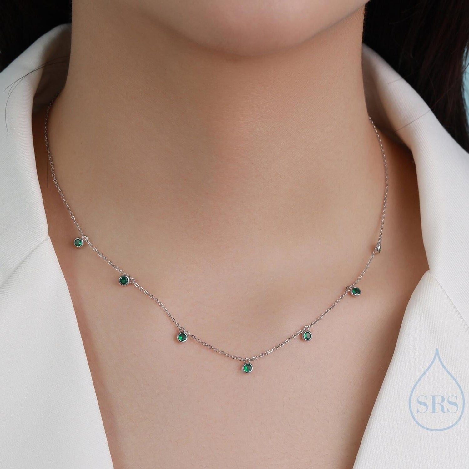 Emerald Green CZ Dangle Necklace in Sterling Silver, Silver or Gold or Rose Gold, Satellite Crystal Necklace, Solid Silver Motif Necklace