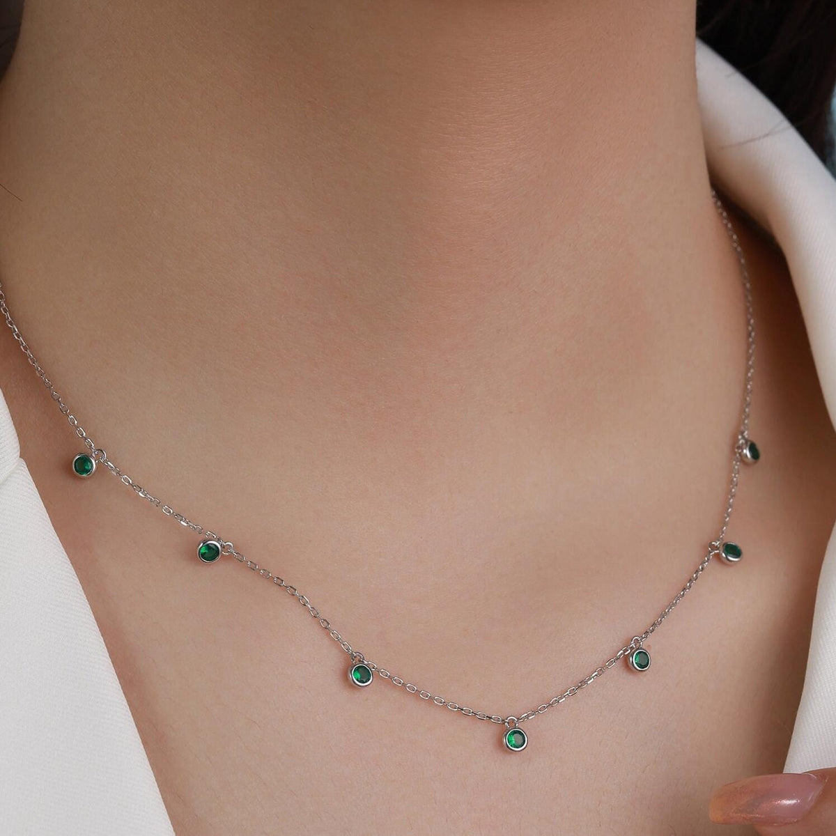 Emerald Green CZ Dangle Necklace in Sterling Silver, Silver or Gold or Rose Gold, Satellite Crystal Necklace, Solid Silver Motif Necklace