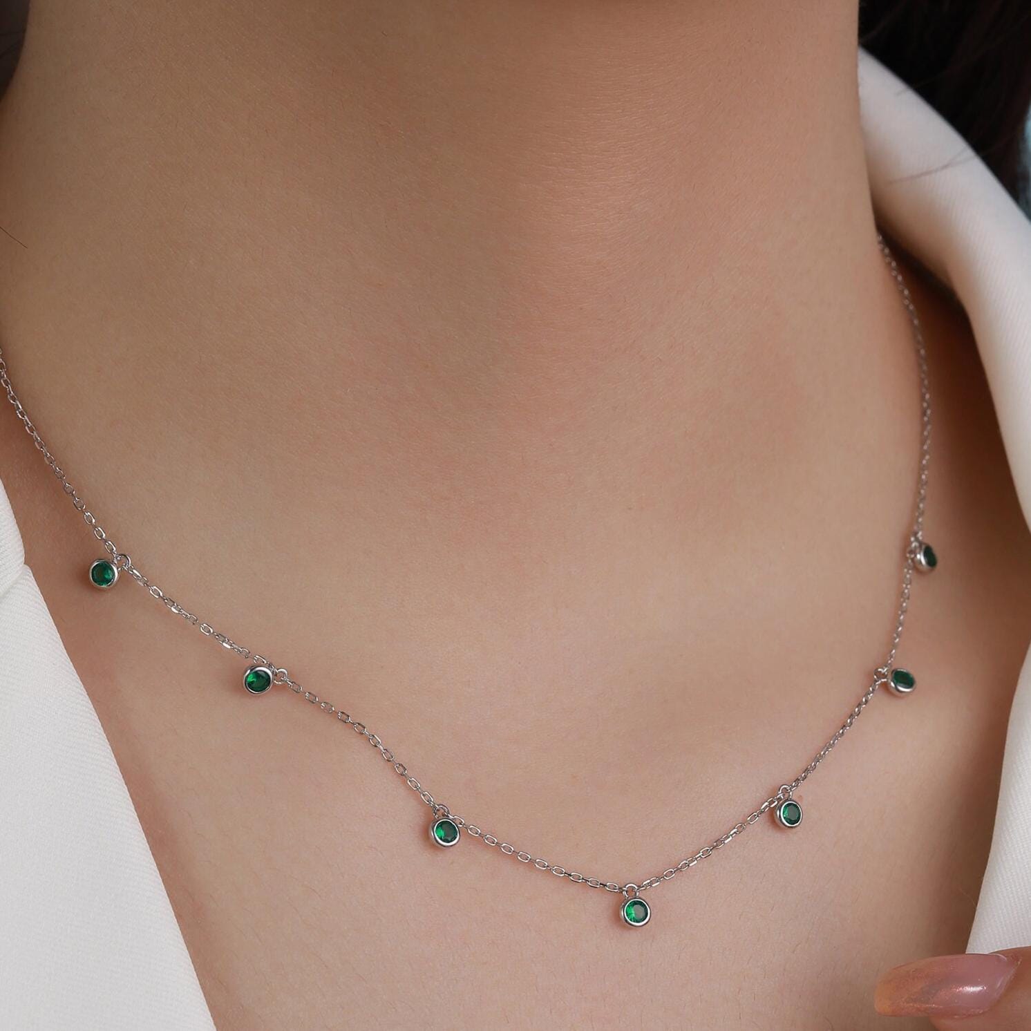 Emerald Green CZ Dangle Necklace in Sterling Silver, Silver or Gold or Rose Gold, Satellite Crystal Necklace, Solid Silver Motif Necklace