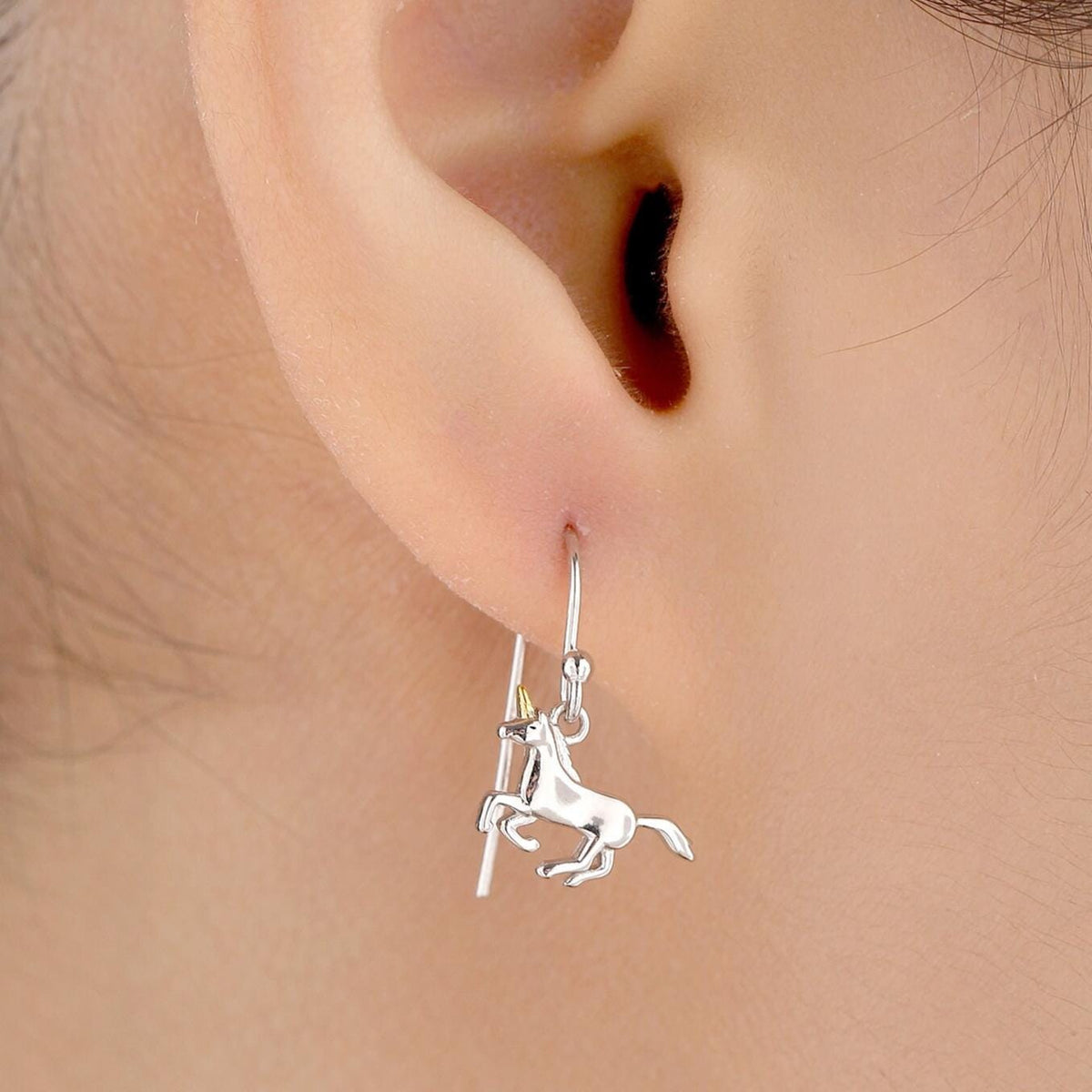 Unicorn Drop Hook Earrings in Sterling Silver, Partial Gold Plate, Unicorn Dangle Earrings, Unicorn Horse Earrings,