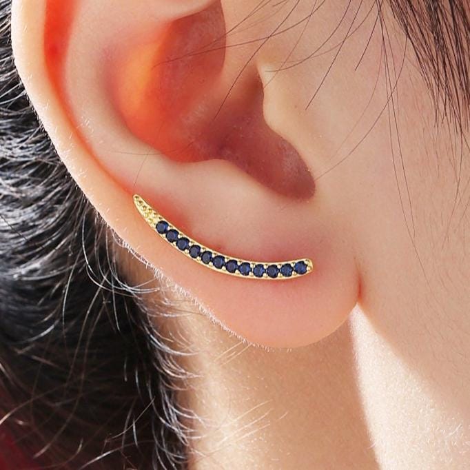 Sapphire Blue CZ Crawler Earrings in Sterling Silver, Silver or Gold, Dotted Ear Crawlers, Sapphire Blue Crystal Crawler, Minimalist Crawler