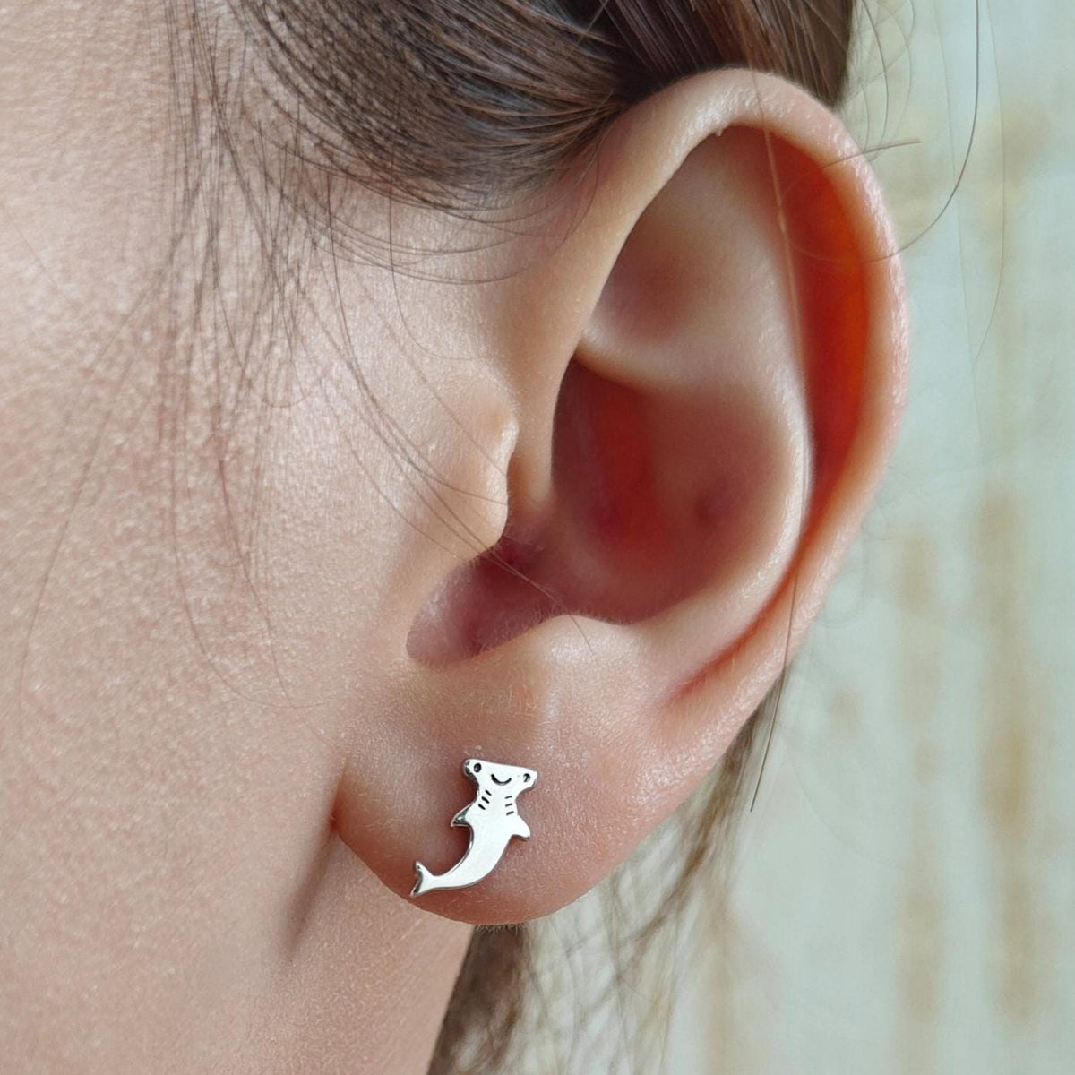 Kawaii Hammerhead Shark Stud Earrings in Sterling Silver, Silver or Gold or Rose Gold, Cute Shark Earrings, Smiling Fish Earrings