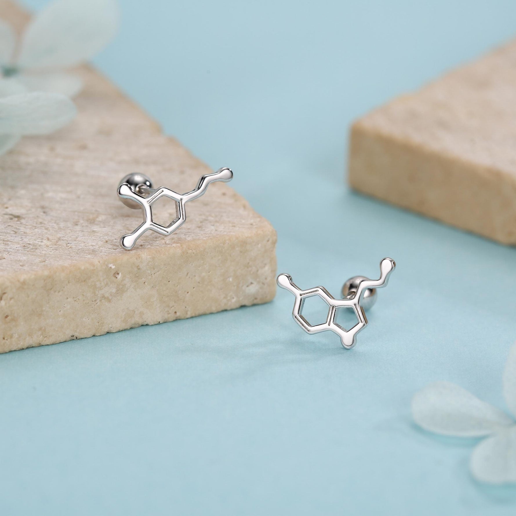 Sterling Silver Serotonin and Dopamine 18G Screw Back Stud Earrings