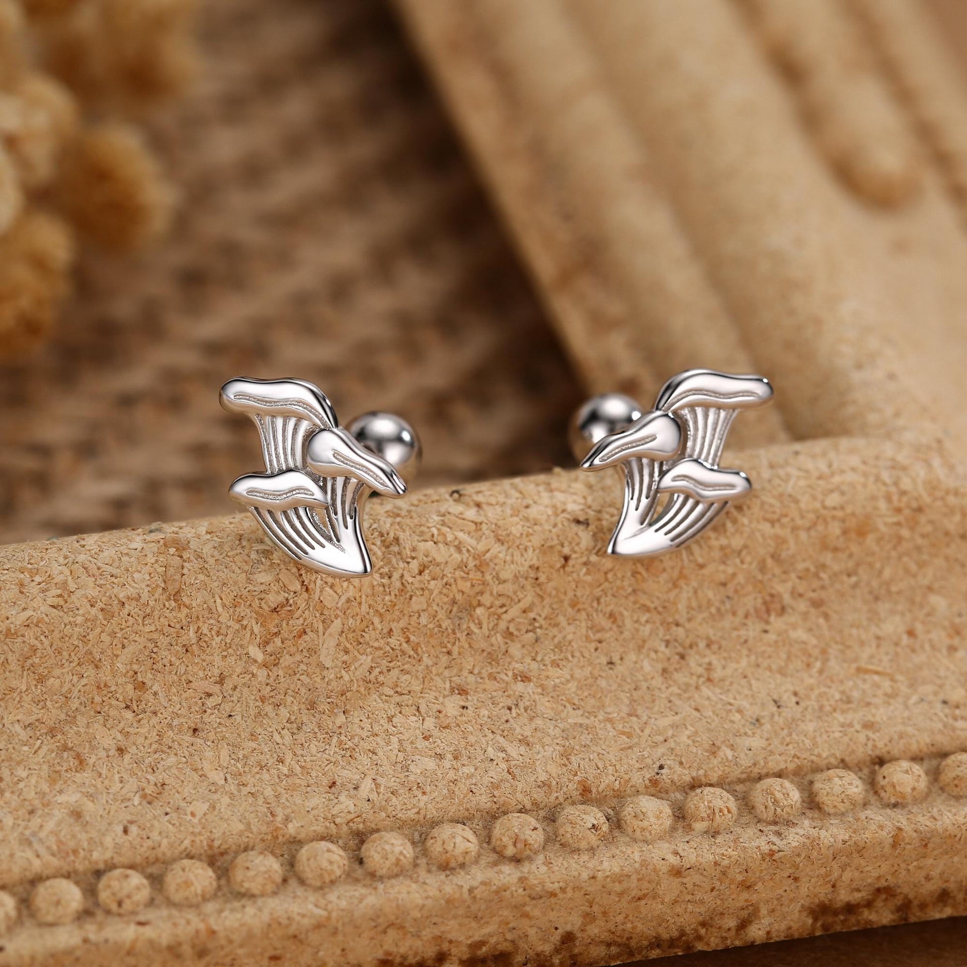 Sterling Silver Chanterelle Mushroom 18G Screw Back Stud Earrings with Ball Backs