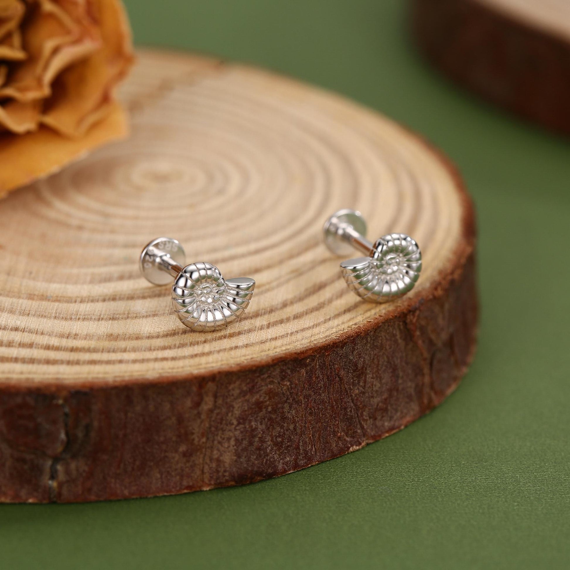 Sterling Silver Ammonite 16G Flat Back Labret Earrings