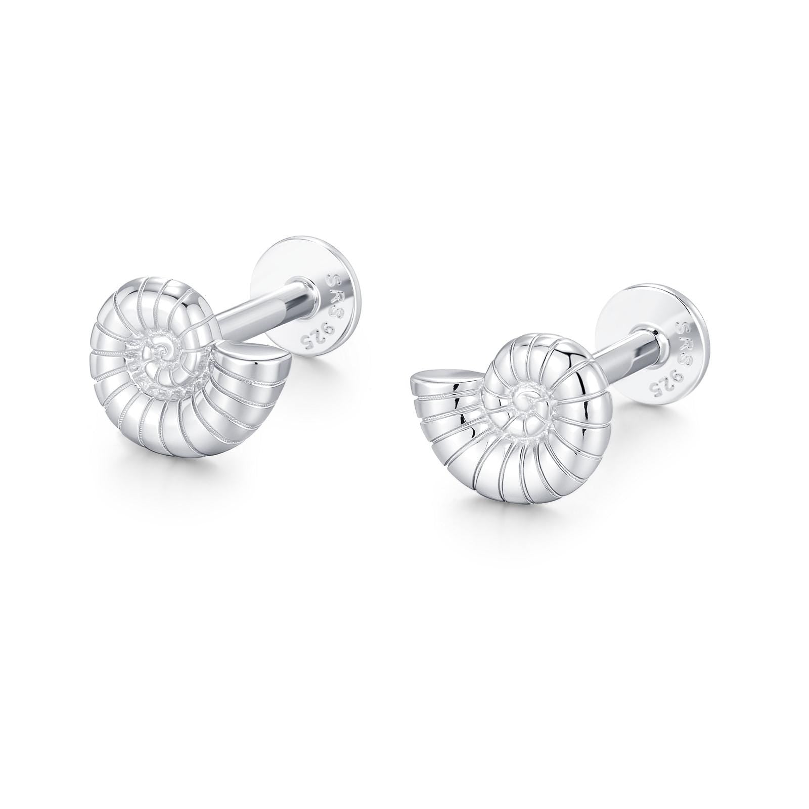 Sterling Silver Ammonite 16G Flat Back Labret Earrings