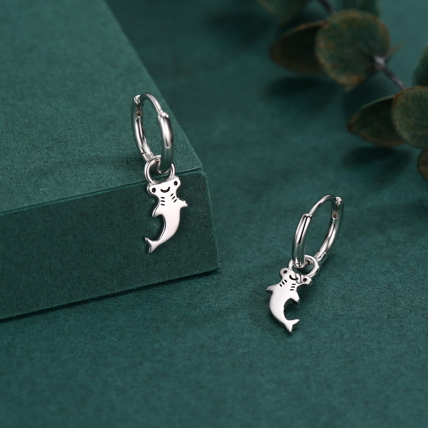 Sterling Silver Kawaii Shark Detachable Huggie Hoop Earrings