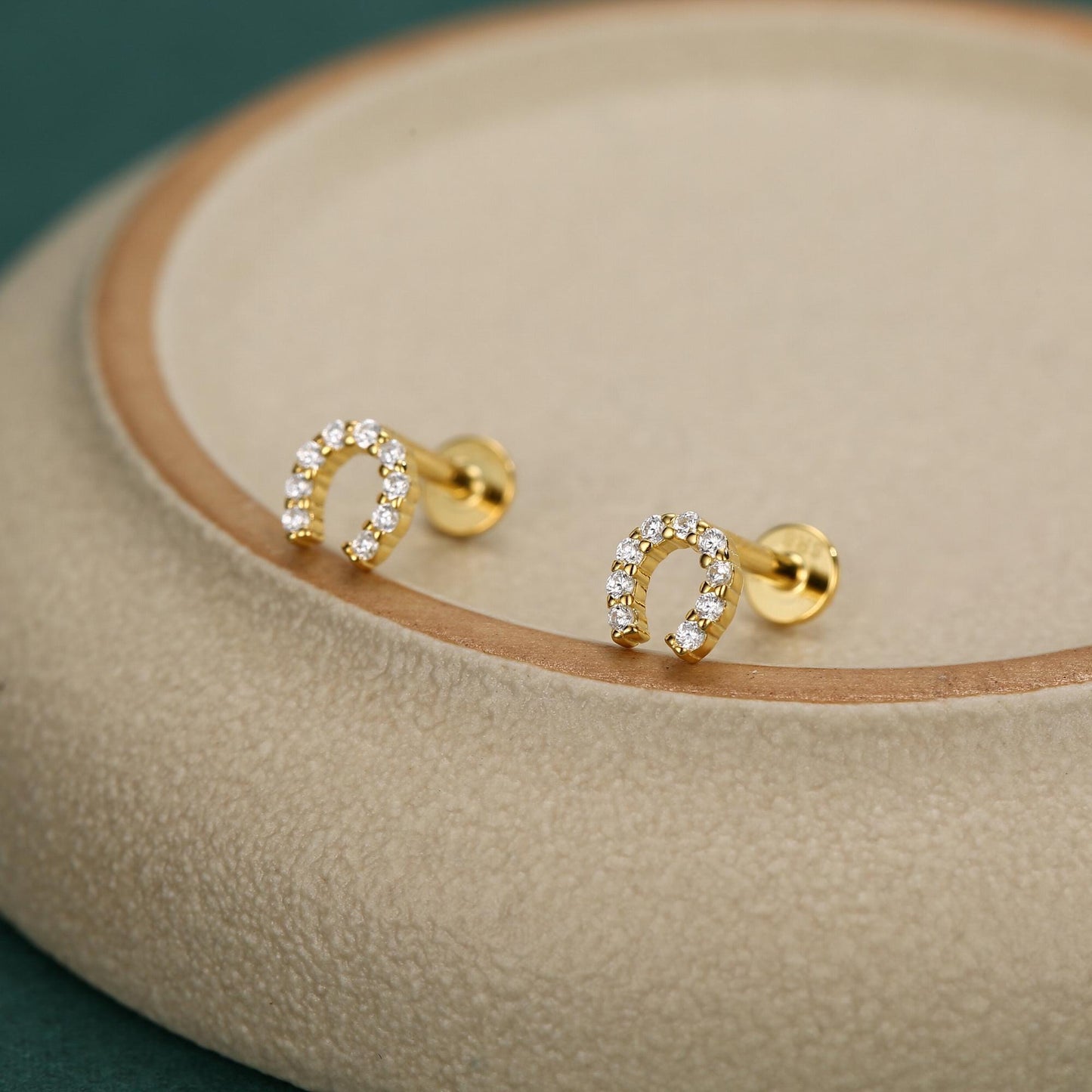 Sterling Silver CZ Horseshoe 16G Flat Back Labret Earrings