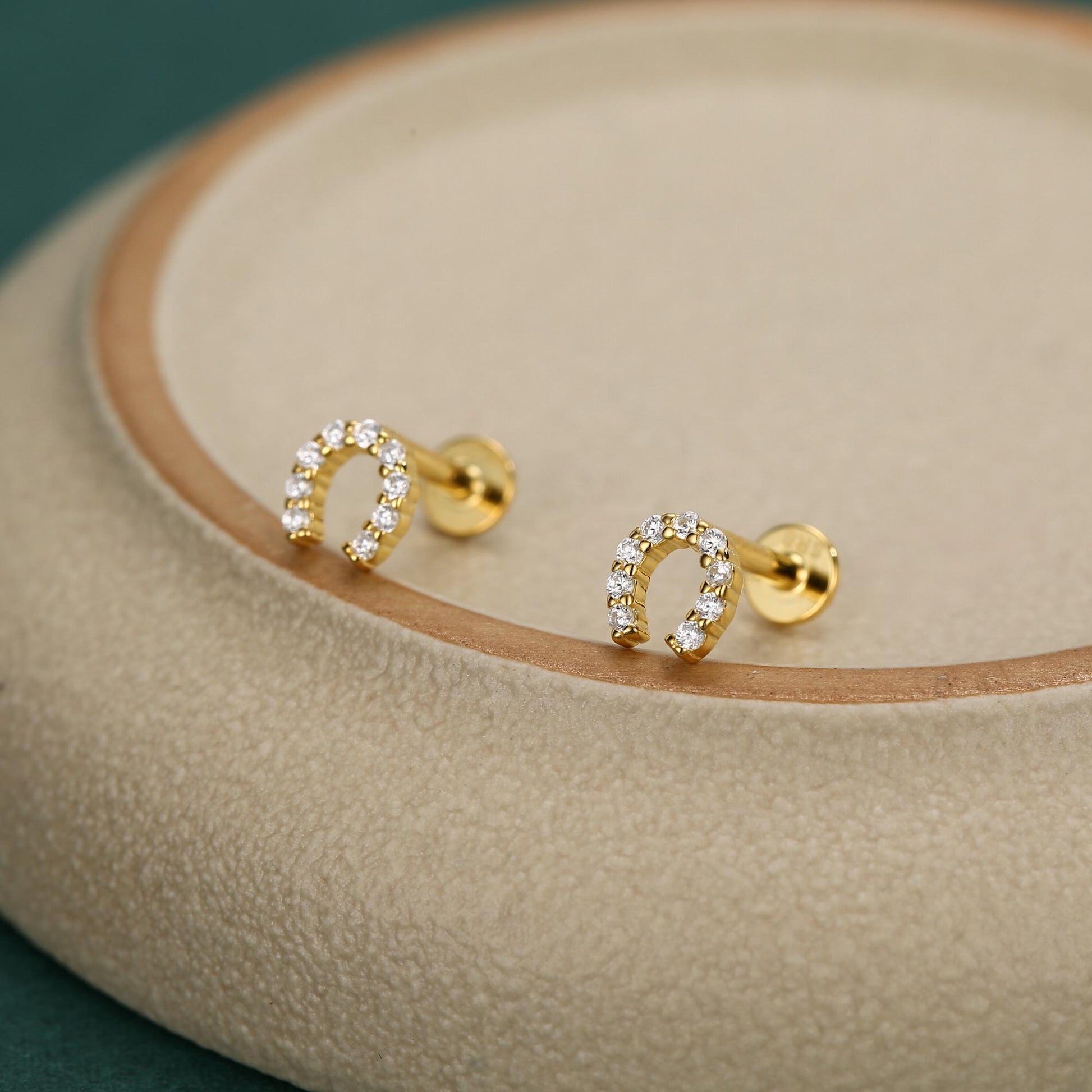 Sterling Silver CZ Horseshoe 16G Flat Back Labret Earrings