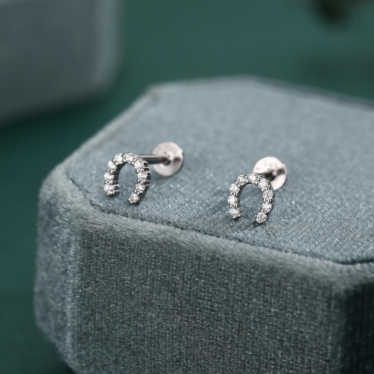Sterling Silver CZ Horseshoe 16G Flat Back Labret Earrings