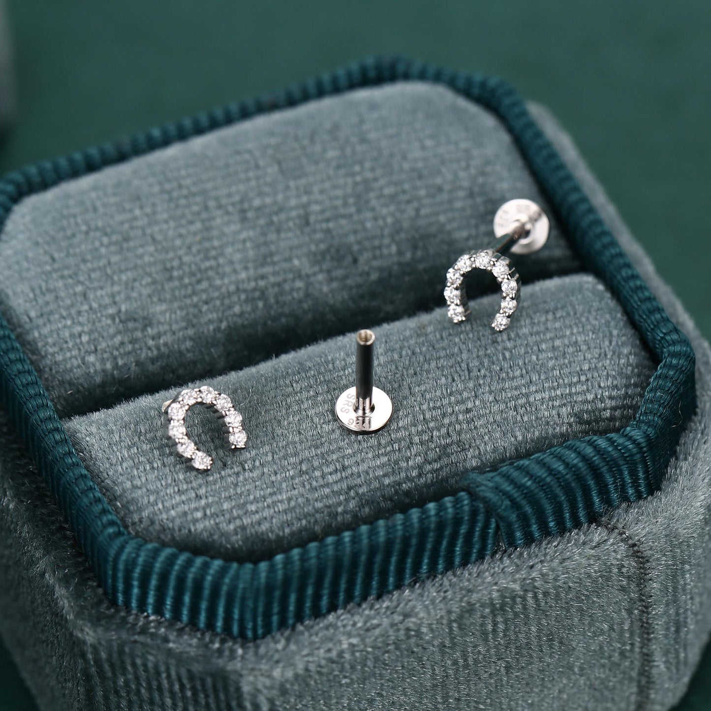 Sterling Silver CZ Horseshoe 16G Flat Back Labret Earrings